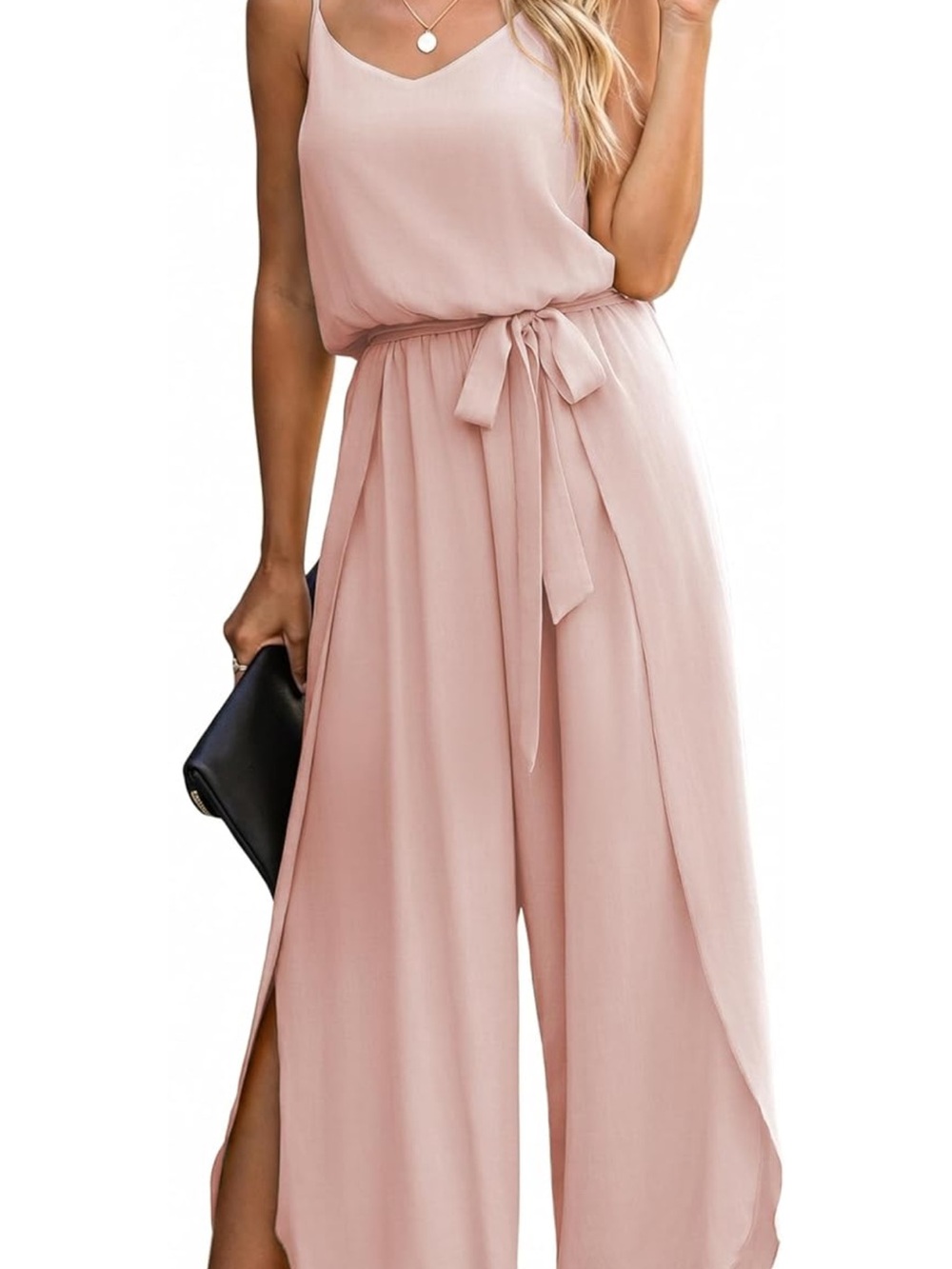 Sleeveless Blush Pink V-Neck Wide-Leg Jumpsuit with Tie Waist